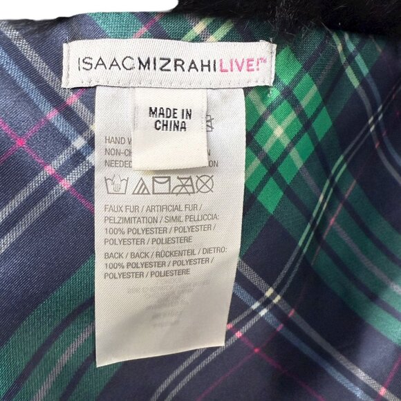 ISAAC MIZRAHI Live Black Faux Fur Scarf Plaid Satin Lining Evening Luxury NWOT - Picture 4 of 7